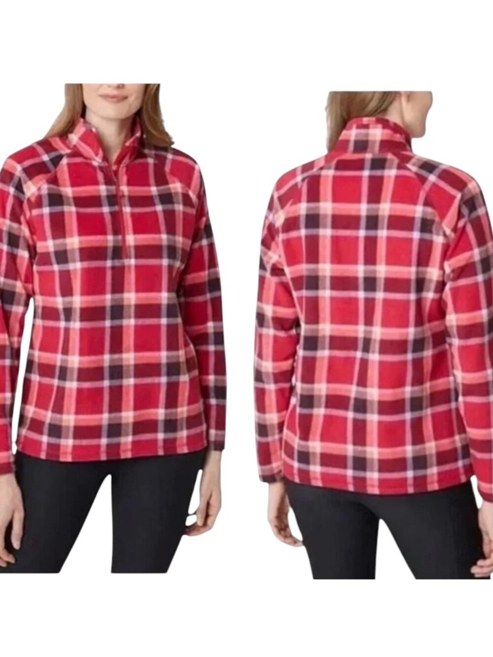 Eddie Bauer Plaid Fleece Quarter Zip Shirt - Red/Black - XL